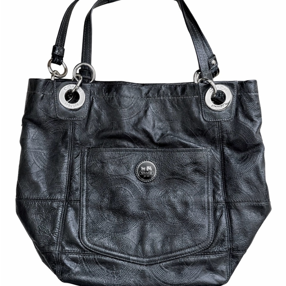 Coach Alex Signature Black Patent Leather Double Handle Shoulder Bag